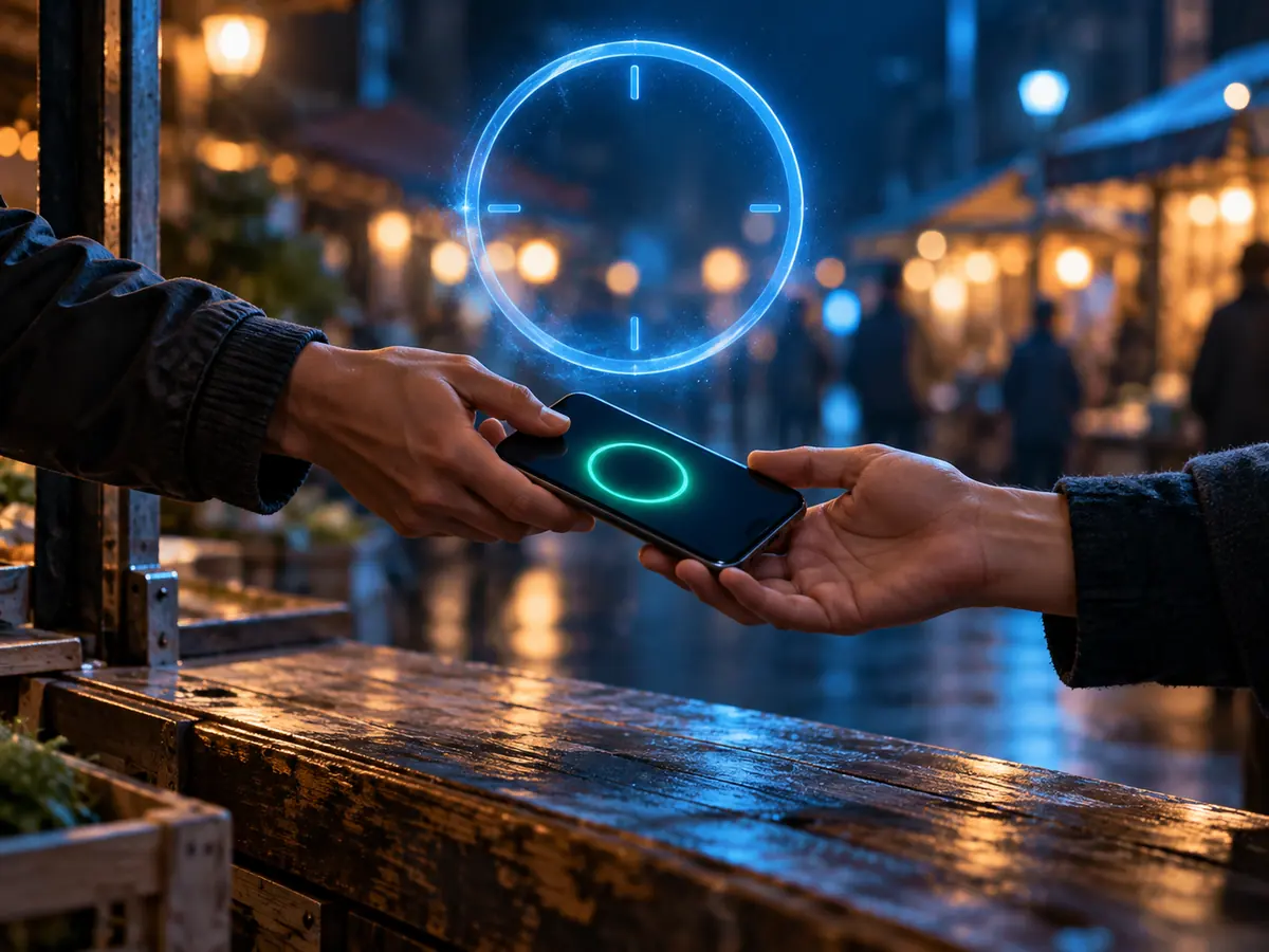 Two hands passing a smartphone across a night market counter, with a thin glowing ring above them suggesting a pause